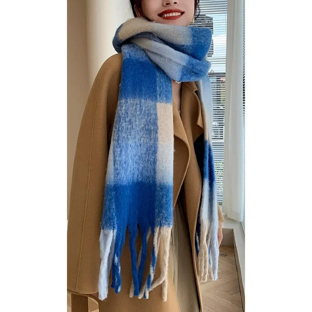Women's Khaki Blue Winter Warm Long Shawl Cold Weather Thick Blanket Scarf
